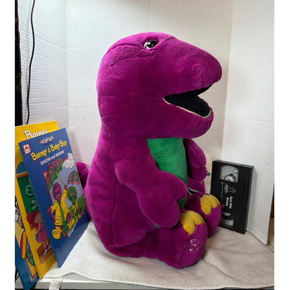 VTG 90s Jumbo 27" Barney Plush Purple Dinosaur w/ Activity Books & VHS Lyons